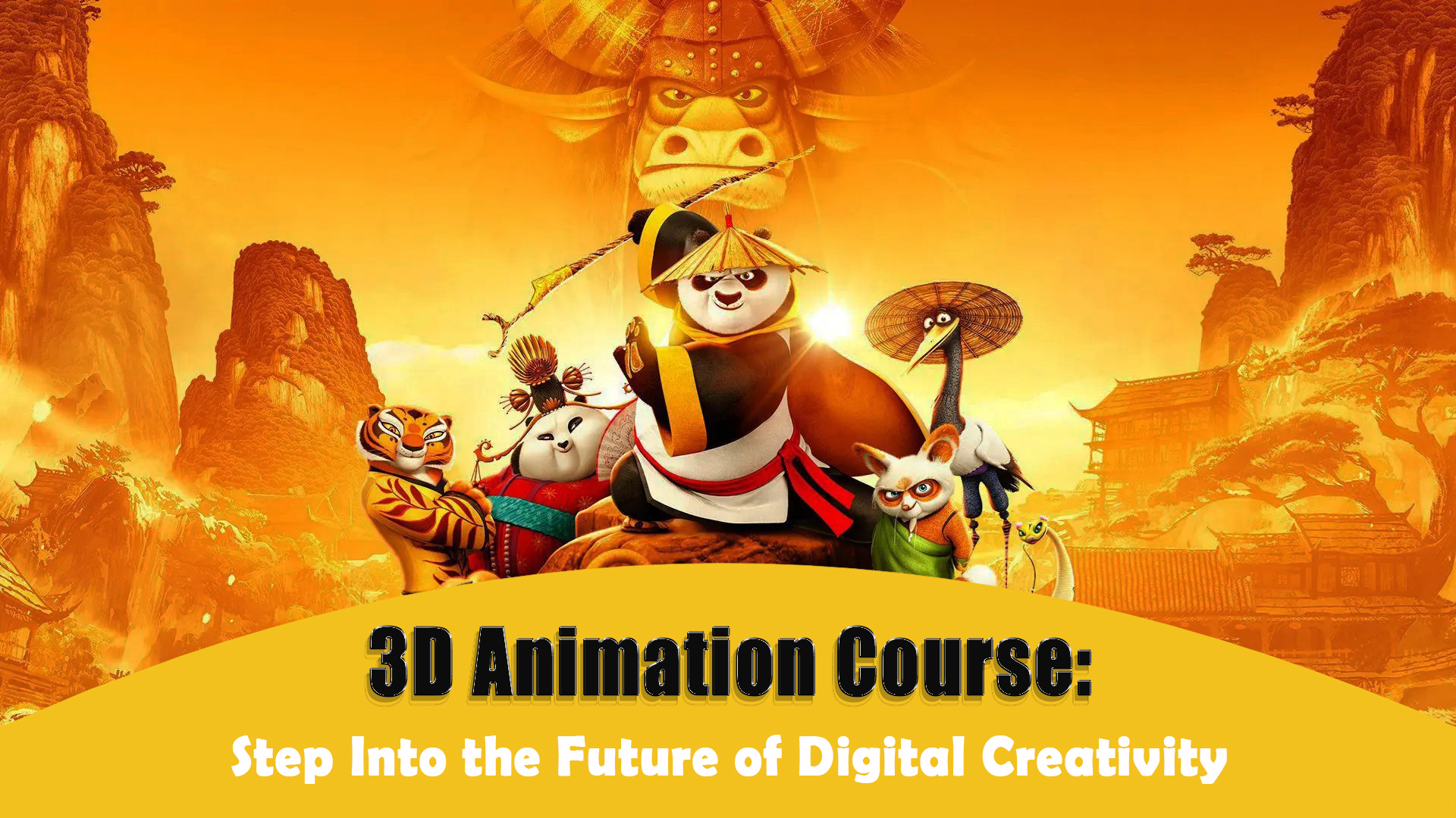 Learn industry-level 3D animation tools with our expert-led course 3D animated characters in a stylized martial arts setting with Chinese architecture in the background:Step Into the Future of Digital Creativity